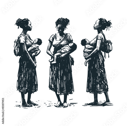  The Afro women. Black white vector illustration.