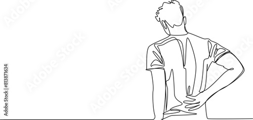 continuous single line drawing of man suffering from back pain, line art vector illustration