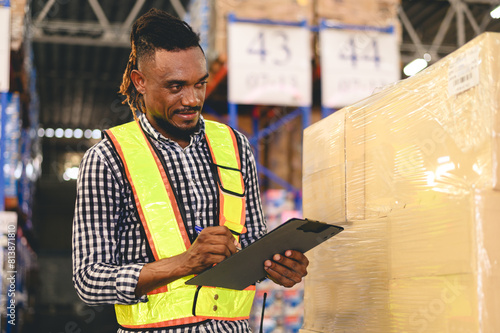 African American industry warehouse managers in safety uniforms check the stock order details and goods supplies in the workplace warehouse. industry logistic export import distribution concept.