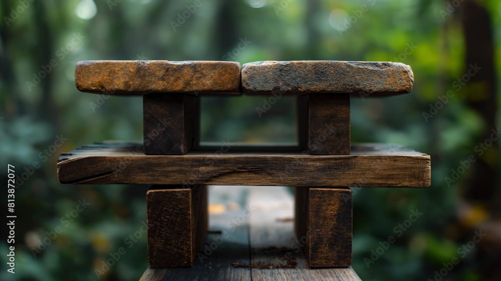 The image is a close-up of a wooden bench in a forest The image is a close-up of a wooden bench in a forest