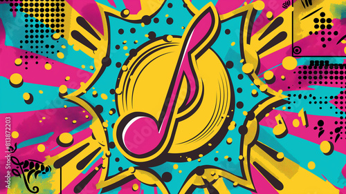 Pop art comic musical note poster. Colorful background in pop art retro comic style.