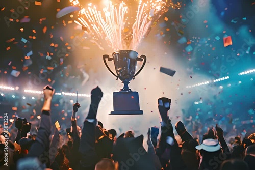 hands holding up the trophy with fireworks and confetti in the background photo