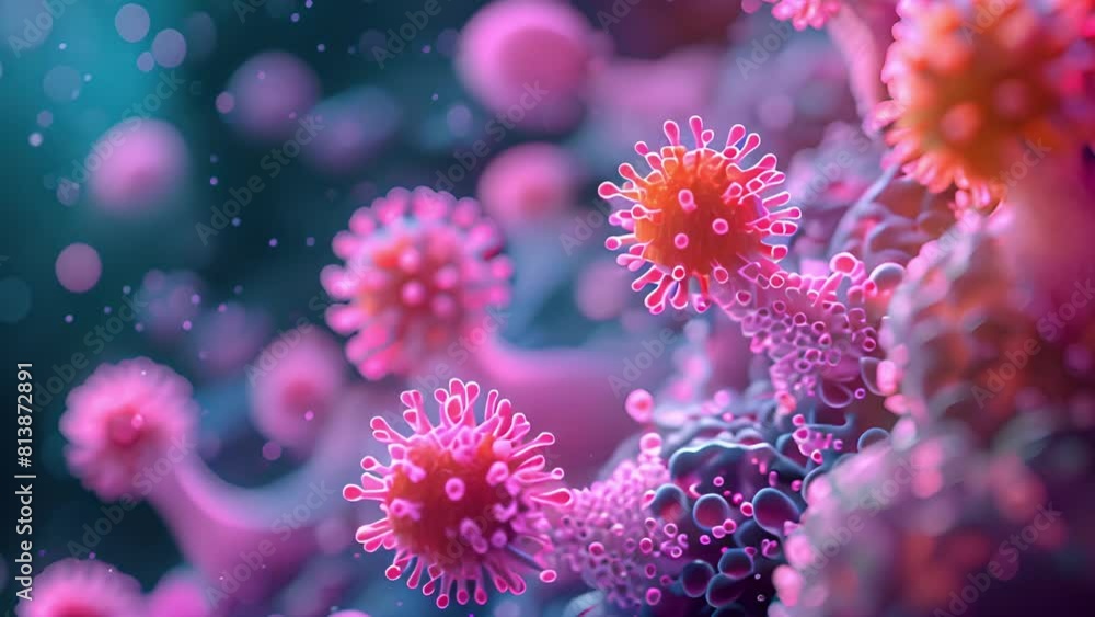 Close-up view of virus structures magnified, highlighting intricate details. Close-up view of virus structures magnified, highlighting intricate details.