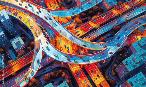 Overhead shot of a colorful, well-lit highway interchange with cars at night. Generate Ai