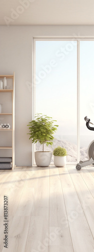 Bright and airy home gym with large windows, wooden floors, and potted plants