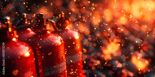 Red fire extinguishers in a row with bokeh background 
