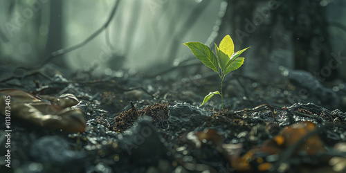 A tiny ,fragile ,new life , sprouting from the scorched earth , a symbol of hope and resilience in the face of adversity.
