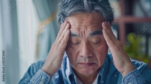 A middle aged Asian man feeling stressed is experiencing a headache or migraine symptoms He rubs his temples with his hands to ease the aching pain and release tension seeking relief and be photo
