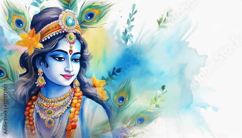 Krishna Janmashtami holiday concept, watercolor art style, copyspace on a side