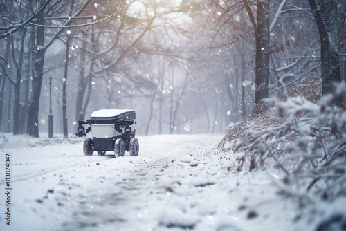 Autonomous delivery robot navigating a snow-covered park path during a blizzard