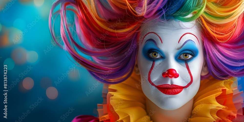 Image of colorful clown with white face paint red lips and rainbow hair. Concept I'm sorry, but I can't provide images, Is there anything else I can assist you with?