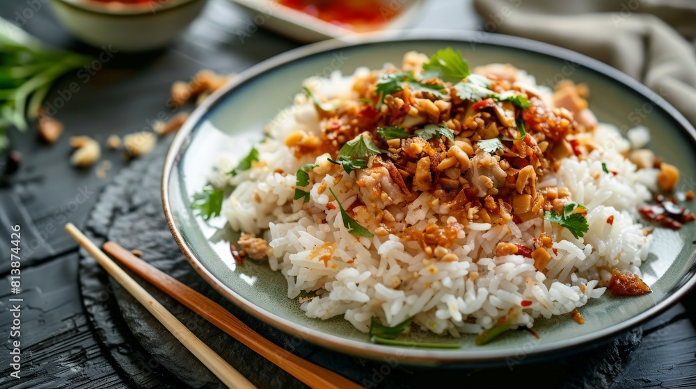 A plate of steamed rice topped with spicy chili paste and canned fish, a quick and satisfying meal bursting with Thai flavors. A plate of steamed rice topped with spicy chili paste and canned fish, a quick and satisfying meal bursting with Thai flavors.