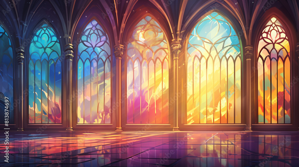 Stained glass windows in a Gothic cathedral, with bright colors and a sense of awe and wonder. Stained glass windows in a Gothic cathedral, with bright colors and a sense of awe and wonder.