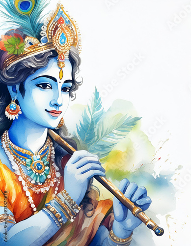 Krishna Janmashtami holiday concept, watercolor art style, copyspace on a side