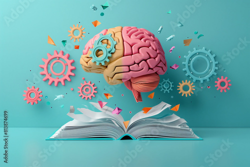 Open Book Brain Design: A vintage-style illustration depicting a brain surrounded by open books, symbolizing knowledge and learning