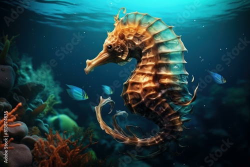 Captivating seahorse drifts serenely among coral reefs with tropical fish in the background