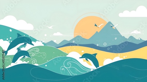 Dolphins jumping out of the ocean with mountains and the sky in the background illustration © Sugar AC Design