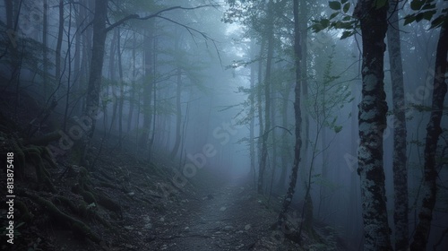 A dense forest path enveloped in a mysterious blue fog  highlighting the eerie yet captivating ambiance of the woods.