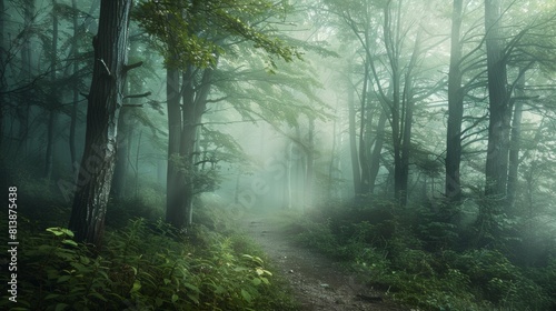 A serene, mist-covered forest path flanked by lush, green trees, creating a mysterious yet peaceful atmosphere.