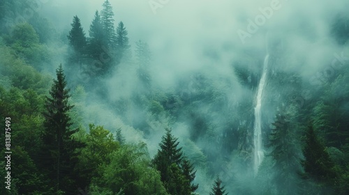 A mystical waterfall hidden by thick fog among a forest of towering trees  exuding an atmosphere of enchantment and mystery.