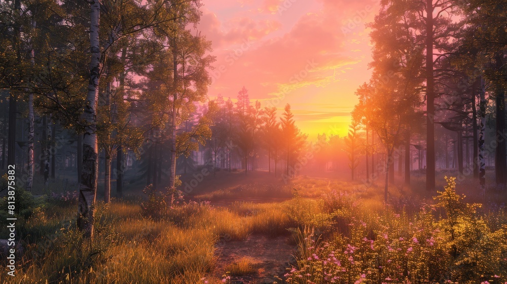 Fototapeta premium A serene forest clearing bathed in the warm light of the setting sun, with the sky ablaze in shades of pink and orange.