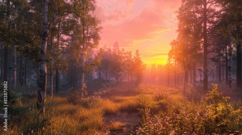A serene forest clearing bathed in the warm light of the setting sun  with the sky ablaze in shades of pink and orange.