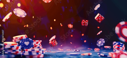 Colorful background with cards and chips flying in the air, casino theme. photo