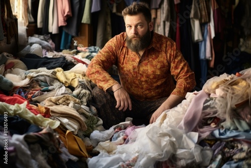Pensive bearded man sitting amidst a chaotic assortment of clothes, depicting clutter or decision-making