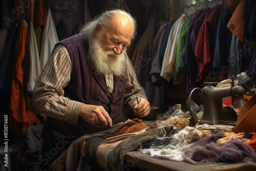 Senior craftsman sews with precision in his time-honored tailoring shop surrounded by garments