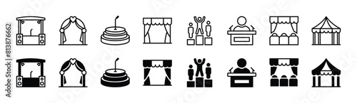 Stage thin line icon set. Containing event, concert, entertainment, festival tent, theatre, cinema, championship podium, conference, wedding. Vector illustration