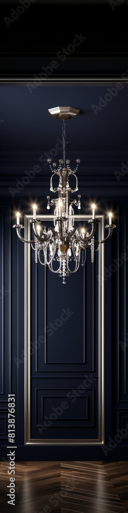 Ornate silver chandelier hanging from a dark blue ceiling in a luxurious room with dark blue walls and silver trim. Ornate silver chandelier hanging from a dark blue ceiling in a luxurious room with dark blue walls and silver trim.