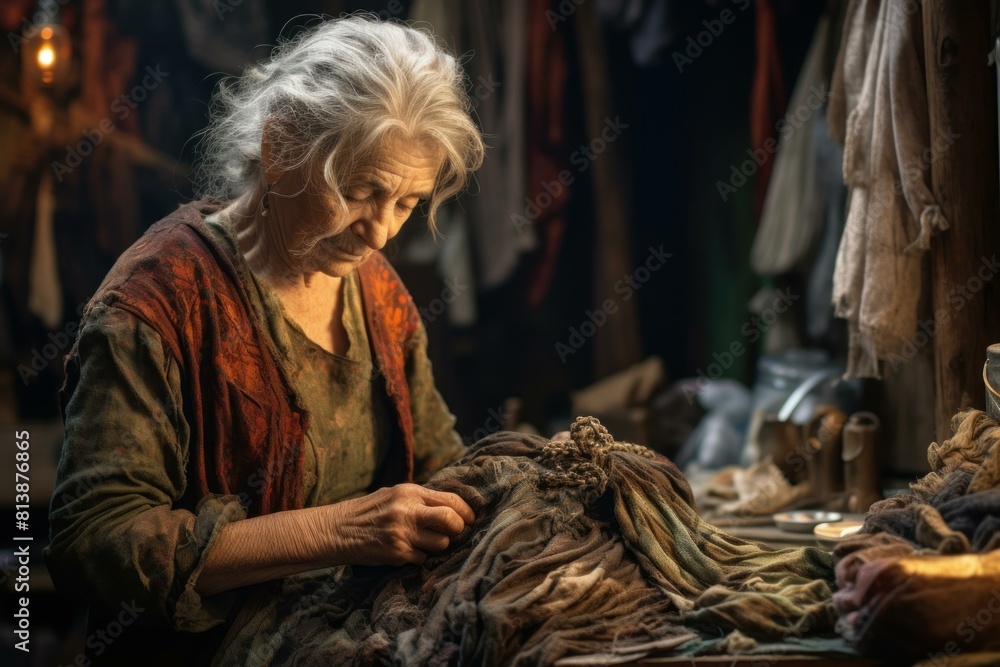 Serene old woman sews clothes by hand in a warmly lit, traditional craftsman's space