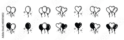 Balloon thin line icon set. Balloons decoration for event, party, festival, birthday, anniversary, celebration, carnival. Rubber balloons in round and heart shapes. Vector illustration
