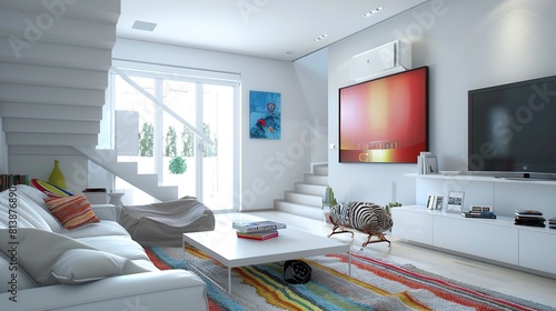 Modern living room with minimalist white decor, contemporary furniture, and bright natural light