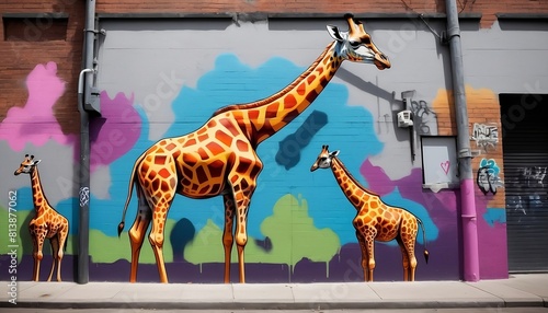 full painted Brick wall with painted giraffe in graffiti style Stylish street created with generative ai  