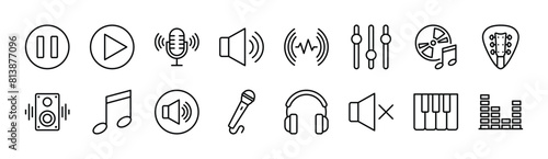 Music and sound thin line icon set. Containing play and pause button, microphone, speaker, equalizer, recording disc, guitar chord, loudspeaker, notes, headphone, mute, piano. Vector illustration