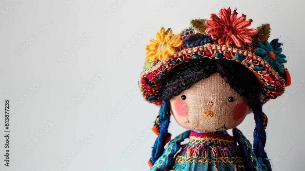 A charming Mexican rag doll lovingly crafted by hand stands alone against a white backdrop A charming Mexican rag doll lovingly crafted by hand stands alone against a white backdrop