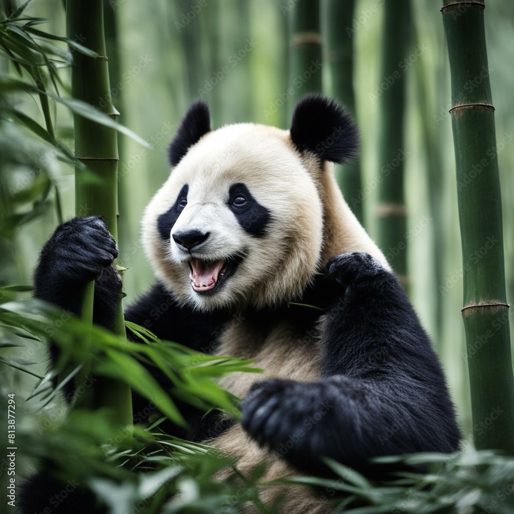 Fototapeta premium The iconic giant panda, with its black and white fur and distinctive markings, is captured in the image amidst bamboo forests in China. Its playful demeanor and bamboo-eating habits are showcased