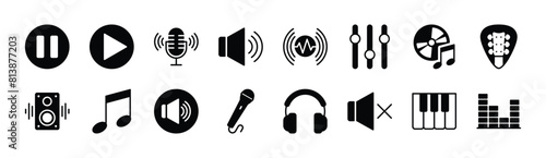 Music and sound icon set. Containing play and pause button, microphone, speaker, equalizer, recording disc, guitar chord, loudspeaker, notes, headphone, mute, piano. Vector illustration
