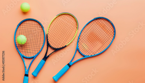 Three tennis rackets with balls on the ground by AI generated image © chartchai