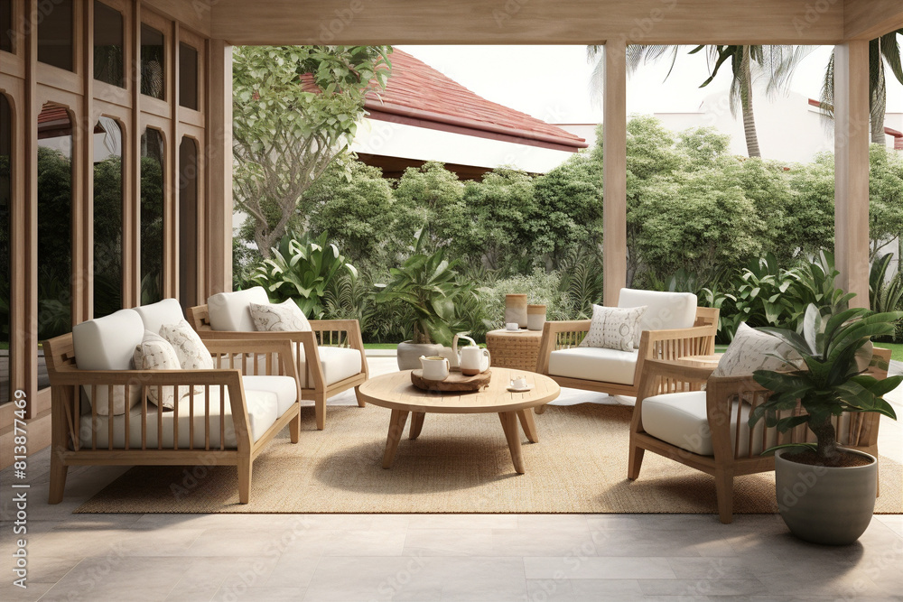 Fototapeta premium Minimalist and natural living space with wooden furniture, neutral colors, and lush greenery