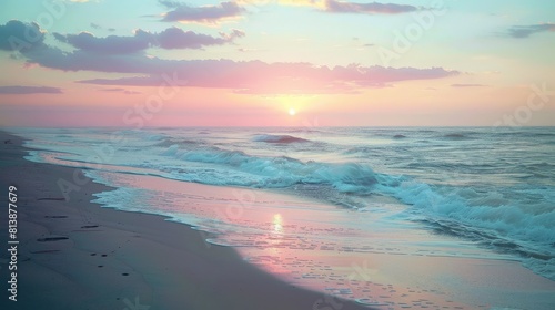 A tranquil beach scene at twilight, with the sun dipping below the horizon, casting a warm glow over the ocean waves.