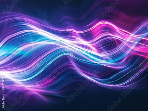 abstract light waves glowing in cyan, indigo and purple colors in a dark background