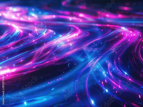 abstract light waves glowing in cyan, indigo and purple colors in a dark background