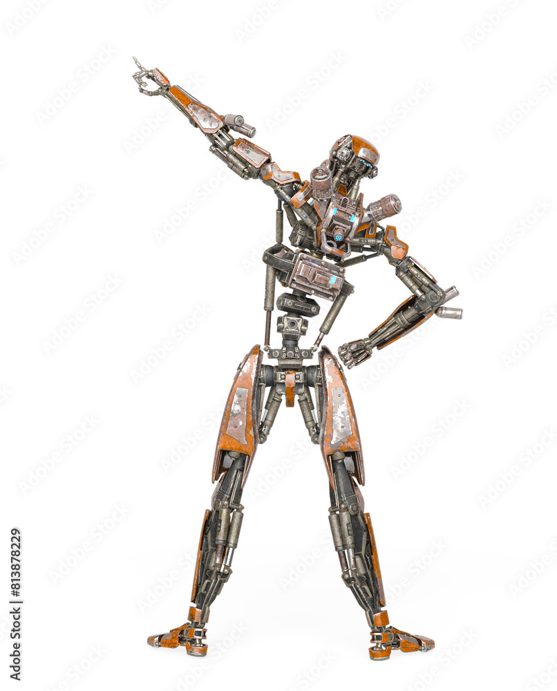 apocalypse cyborg is pointing up to the stars like a comic hero on rear view apocalypse cyborg is pointing up to the stars like a comic hero on rear view
