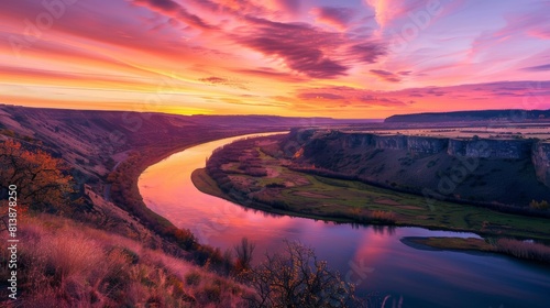 A tranquil river winding through a valley at sunset  with the sky ablaze in fiery colors as the day comes to a close.