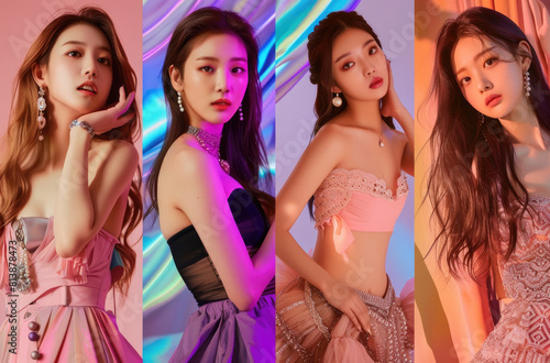 different photos of beautiful kpop girls in different poses. Each photo features a different outfit and color theme with a full body shot and cute pose