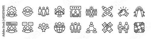 Business teamwork thin line icon set. Containing team, cooperation, group, people, organization, collaboration, communication, partnership, leadership, support, unity, community. Vector illustration