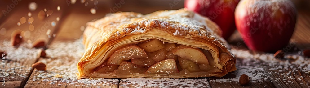 Strudel with apples and cinnamon on a wooden table. Strudel with apples and cinnamon on a wooden table.