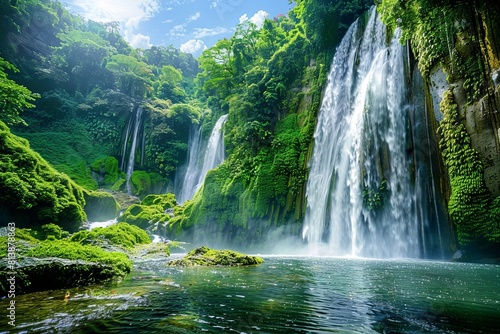 Picturesque images of cascading waterfalls framed by lush green forests and rocky cliffs